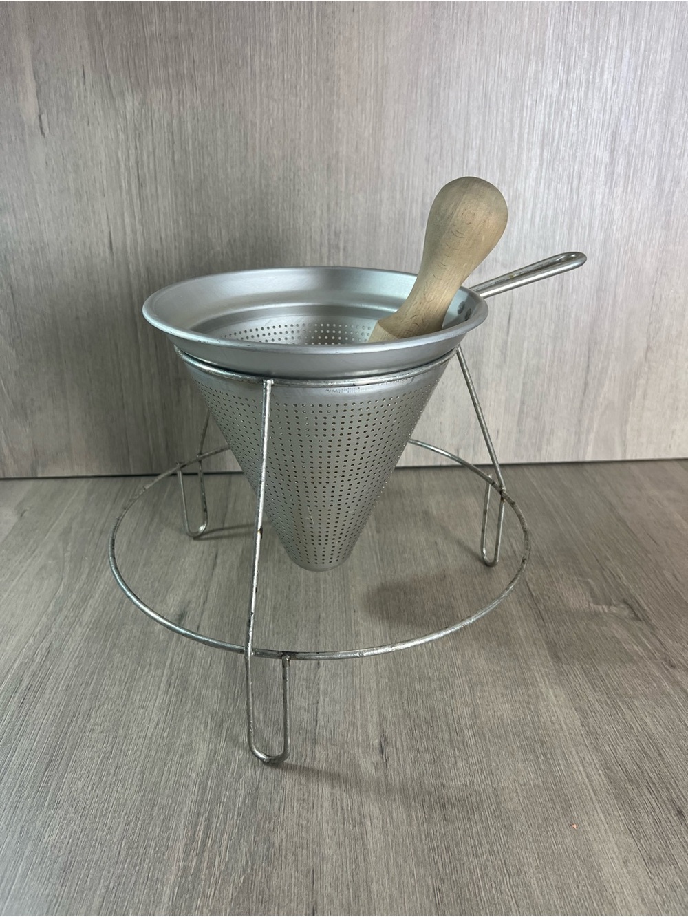Vintage Cone Sieve Pestle and Stand aluminum metal Juicer strainer Canning Farm